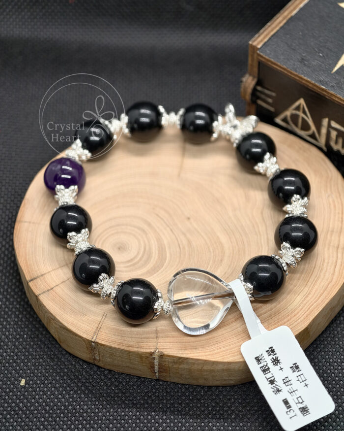天然黑曜石+紫水晶+白水晶手串_chdesign_13mm_18cm_kys004
