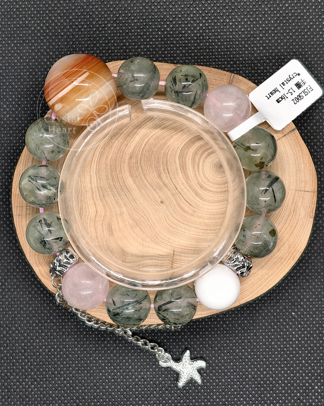 13mm 天然葡萄石、粉晶、硨渠石水晶、20mm瑪瑙手串 15-16cm 手圍 FJSLS002